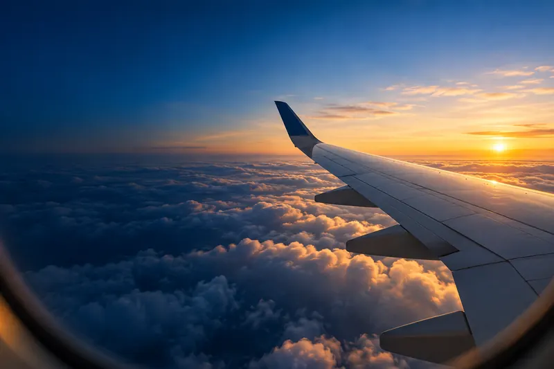 An aeroplane wing above the clouds at sunrise