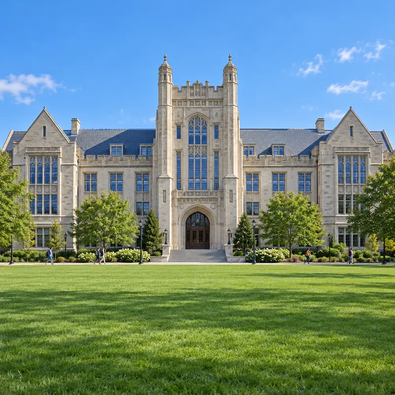 A university building across a green lawn