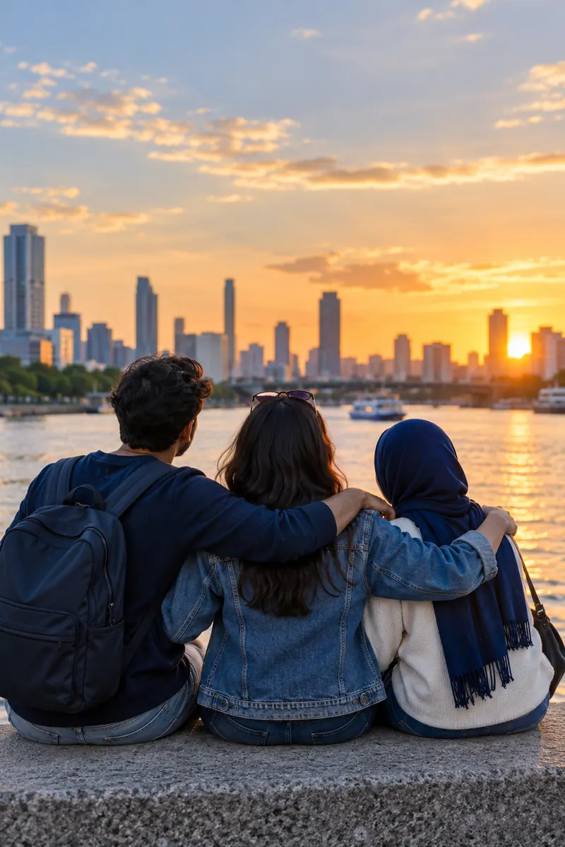 Friends sitting together by the water in a new city